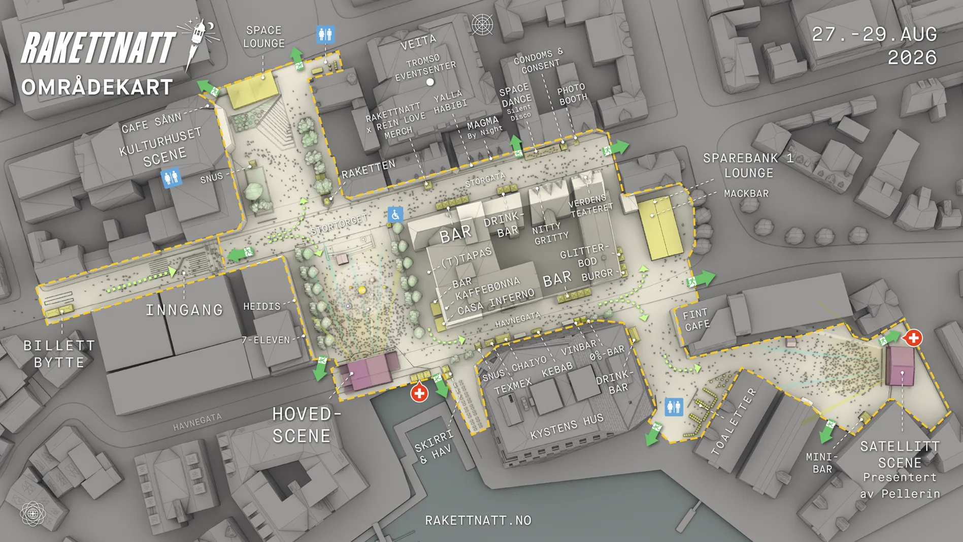 Rakettnatt 2026 områdekart med Hovedscene, Satelittscene, Kulturhuset, inngang, barer og festivalområde.